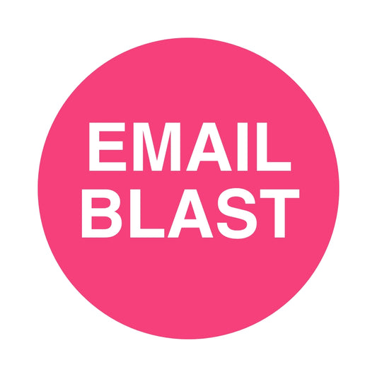 White square with hot pink circle in the middle with the title 'Email Blast'