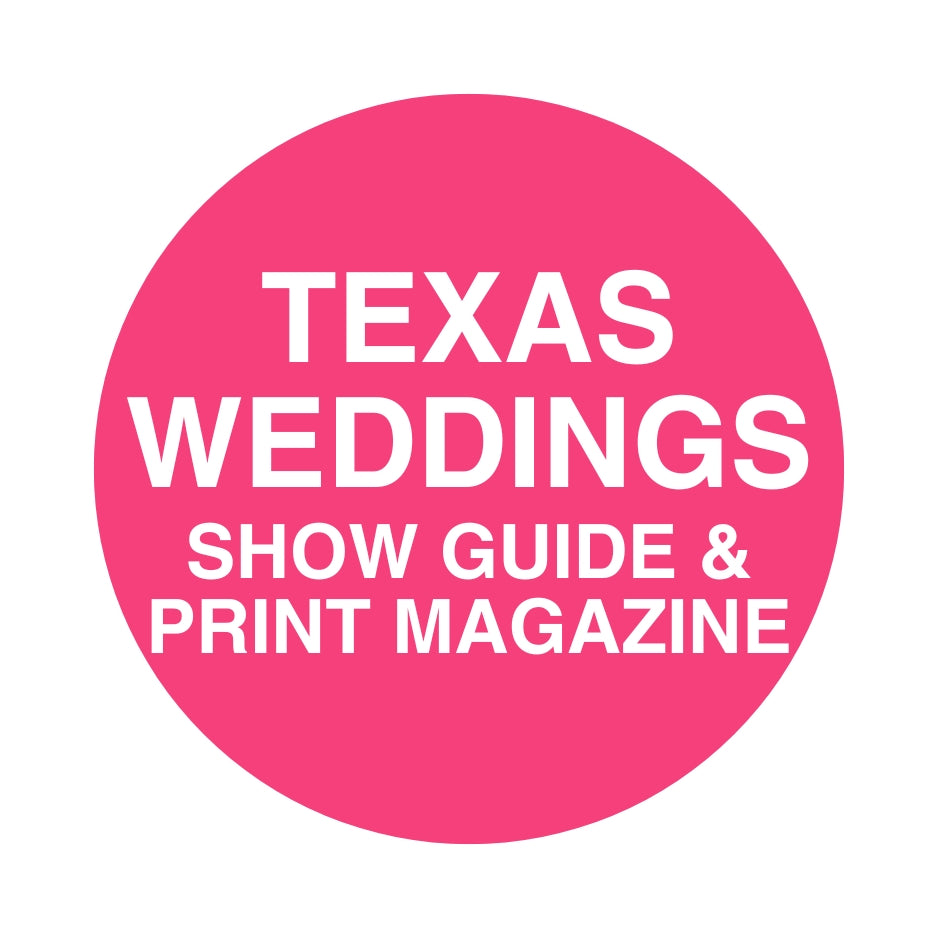 White square with hot pink circle in the middle with the title 'TExas Weddings Show Guide & Print Magazine'