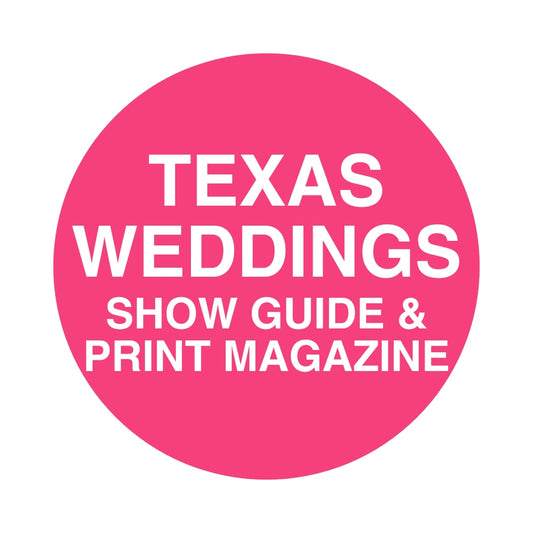 White square with hot pink circle in the middle with the title 'TExas Weddings Show Guide & Print Magazine'