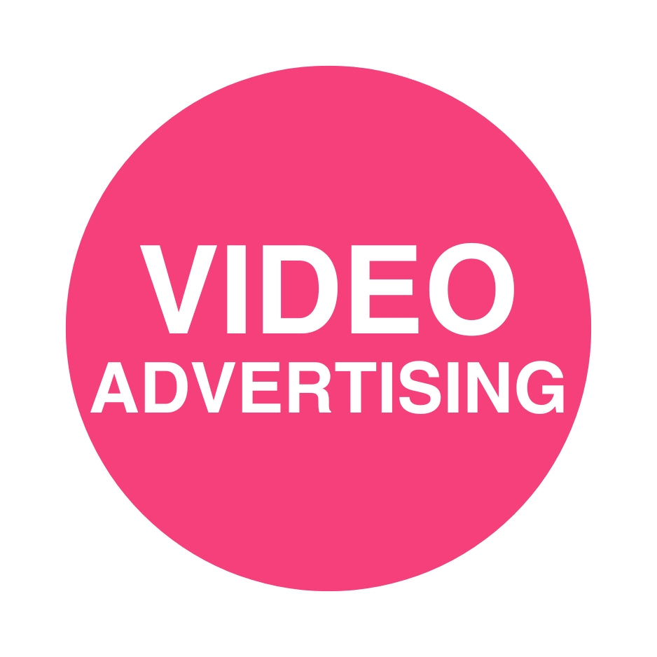 White square with hot pink circle in the middle with the title 'video Advertising'