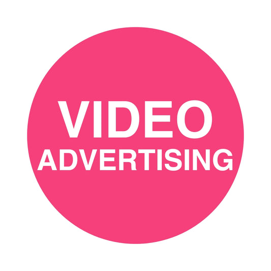 White square with hot pink circle in the middle with the title 'video Advertising'